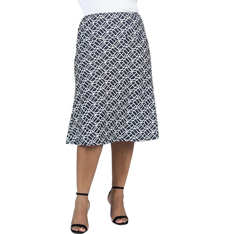 24seven Comfort Apparel Plus Size Black Geometric Print Comfortable Elastic Waist Knee Length Skirt, 1 of 7