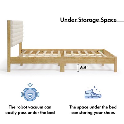 Natural Queen Platform Bed with Boucle Upholstered Headboard