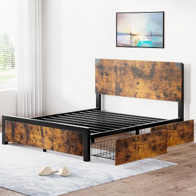Acekool Industrial Bed Frame - Wood Headboard & 4 Storage Drawers