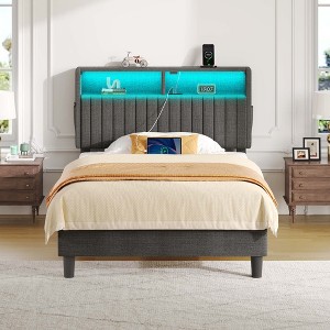 Greenstell  Bed Frame with Velvet Upholstered  Storage Headboard & Charging Station and  LED Light - 1 of 4