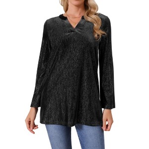 INSPIRE CHIC Women's Glitter Velvet V Neck Long Sleeves Sparkle Tunic Loose Party Blouse - 1 of 4