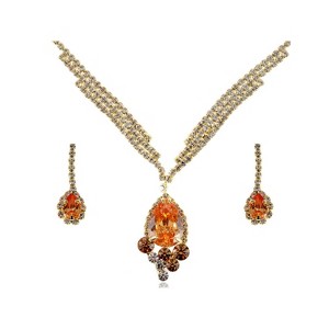 Anna-Kaci Women's Floral Statement Necklace and Earring Set with Amber Crystal Accents, Adjustable Chain, Elegant and Bold Design - Flower - 1 of 4