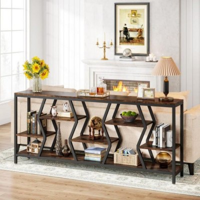 Syemin Console Tables Sofa Console Table with 4 Tier Wood Storage Shelves, Industrial Extra Entryway Accent Tables, Brown, 70.87"*11.81"*35.43"