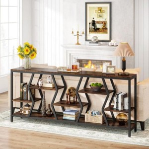 Syemin Console Tables Sofa Console Table with 4 Tier Wood Storage Shelves, Industrial Extra Entryway Accent Tables, Brown, 70.87"*11.81"*35.43" - 1 of 4