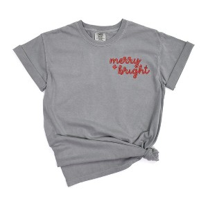 Simply Sage Market Women's Merry and Bright Cursive Embroidery Mini Short Sleeve Garment Dyed Tee - 1 of 3