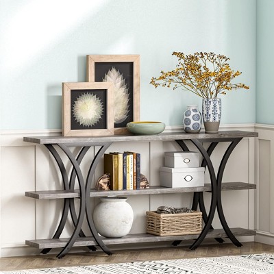 Gray 70.8" Industrial Console Table with 3-Tier Shelves