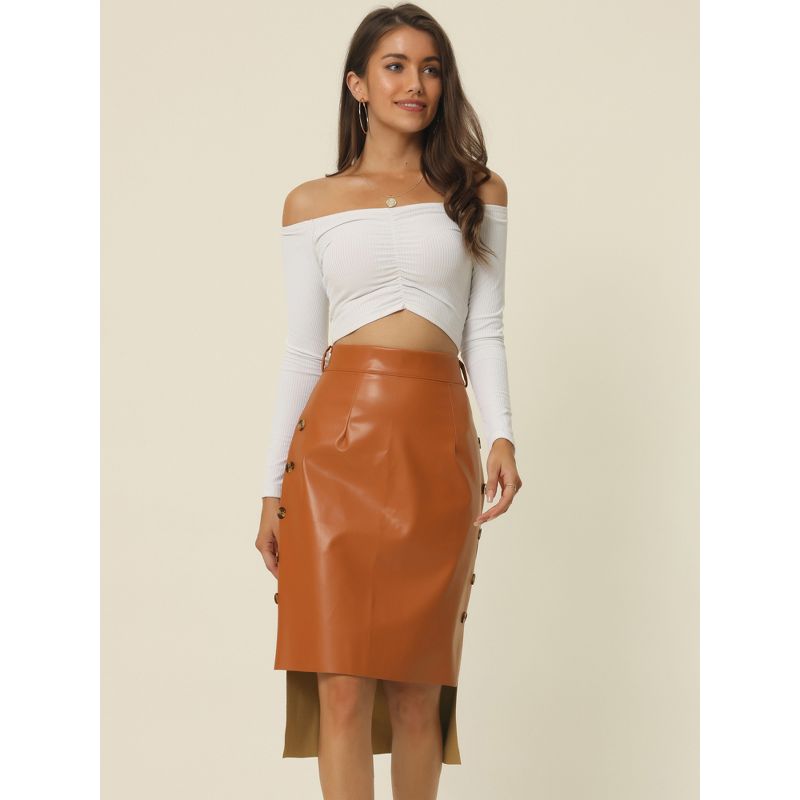 Seta T Womens' High Low Hem Belted High Waist Side Button Decor Faux-Leather Skirt, 3 of 6