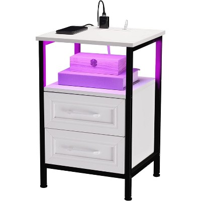 Nightstand with Charging Station, RGB Lights and Drawers, Side Table, White