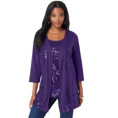 Roaman's Women's Plus Size Sequin-Panelled Tank & Cardigan Set