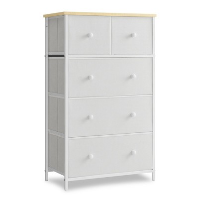 Image of SONGMICS Dresser for Bedroom Clothes Organizer Storage Unit with 5 Fabric Drawers Wooden Front and Top Metal Frame Cream White and Oak