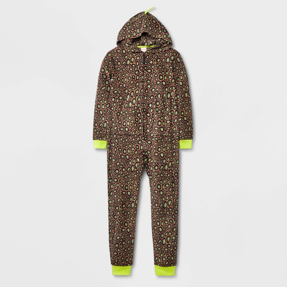 Boys' Long Sleeve Dino Union Suit - Cat & Jack™ Brown L: Micro Fleece, Hooded, Kangaroo Pocket