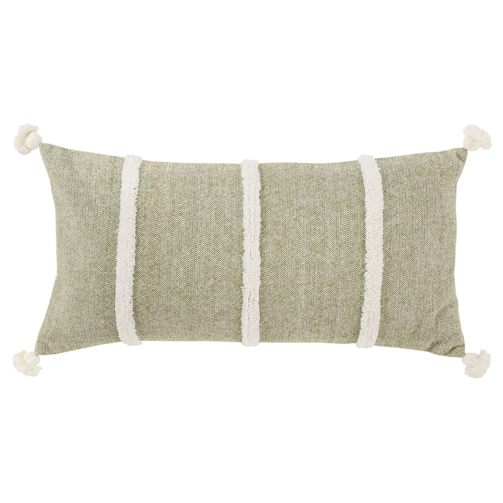 14"x26" Oversized Striped Poly Filled Lumbar Throw Pillow Dark Green - Rizzy Home: Contemporary Woven Cotton, Hidden Zipper