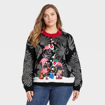 Women's Size Ugly Christmas Flamingo Tree Graphic Pullover Sweater Black : Target