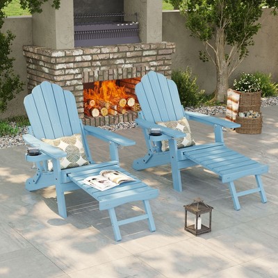 Sonkuki 2-Piece Folding Adirondack Chair with Retractable Ottoman, Fire Pit Patio Chair with Cup Holder Lawn Outdoor Lounge Chair