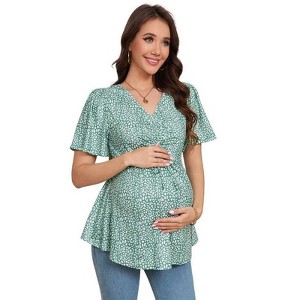 Coolmee Women's Short Sleeve V Neck Tops Blouses Ruffle Hem Tie Front Crop Summer Tops - 1 of 4