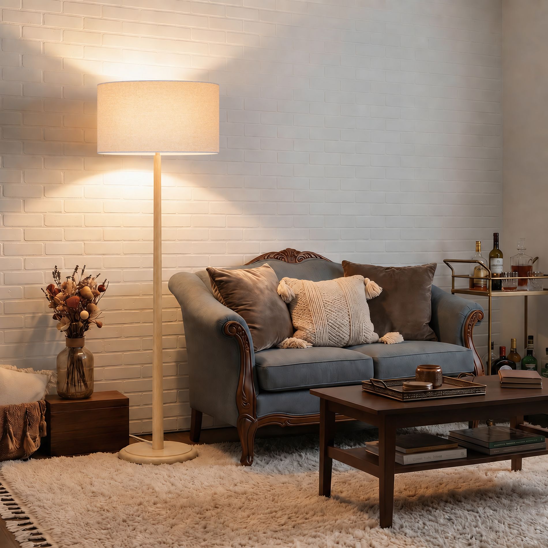 61" Natural Wood Floor Lamp with Beige Linen Drum Shade, UL Listed,E26 Base,Foot Step Switch Contemporary Decor Lamp for Living Room Bedroom