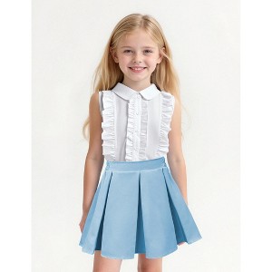 Girl's Two Piece Cute Spring Summer Outfits Sleeveless Button Down Collar Tops Ruffle Shirt and Pleated Mini Skirt Set 4-13 Years - 1 of 4