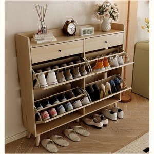 Wooden Shoe Storage Cabinet for Entryway with 4 Flip Drawers & 2 Drawers, Freestanding Narrow Hidden Shoe Rack Cabinet with Rattan Doors - 1 of 4