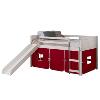 Donco Kids Louver Twin White Low Loft Bed With Slide & Red Tent