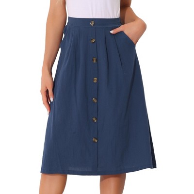 Allegra K Women's High Elastic Waist Button Pleated Linen A-Line Skirts