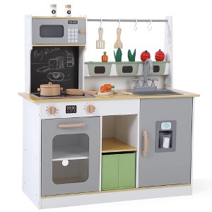 Wooden Play Kitchen Set with Cookware Accessories, Cutting Vegetables, Real Lights & Sounds Kitchen Play for Kids - 1 of 4