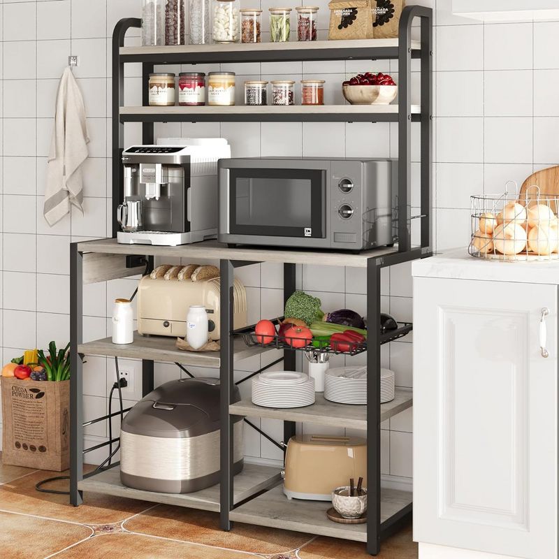 Bakers Rack with Power Outlet, Large Kitchen Baker Rack with Wire Basket, Microwave Stand with Storage Shelves, 6-Tier Utility Storage Shelf, 2 of 8