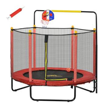 Qaba 4.6' Kids Trampoline with Basketball Hoop, Horizontal Bar, 55" Indoor Trampoline with Enclosure Net, Ages 3-10