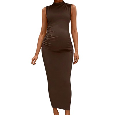 brown high neck dress Dark Maxi - Mock Maxi Dress - Mesh Insert Dress stretchy fabric allows custom fit High Neck Backless Detail Maxi
