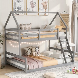 Gulches Twin over Full House Bunk Bed with Built-in Ladder,Gray - 1 of 4