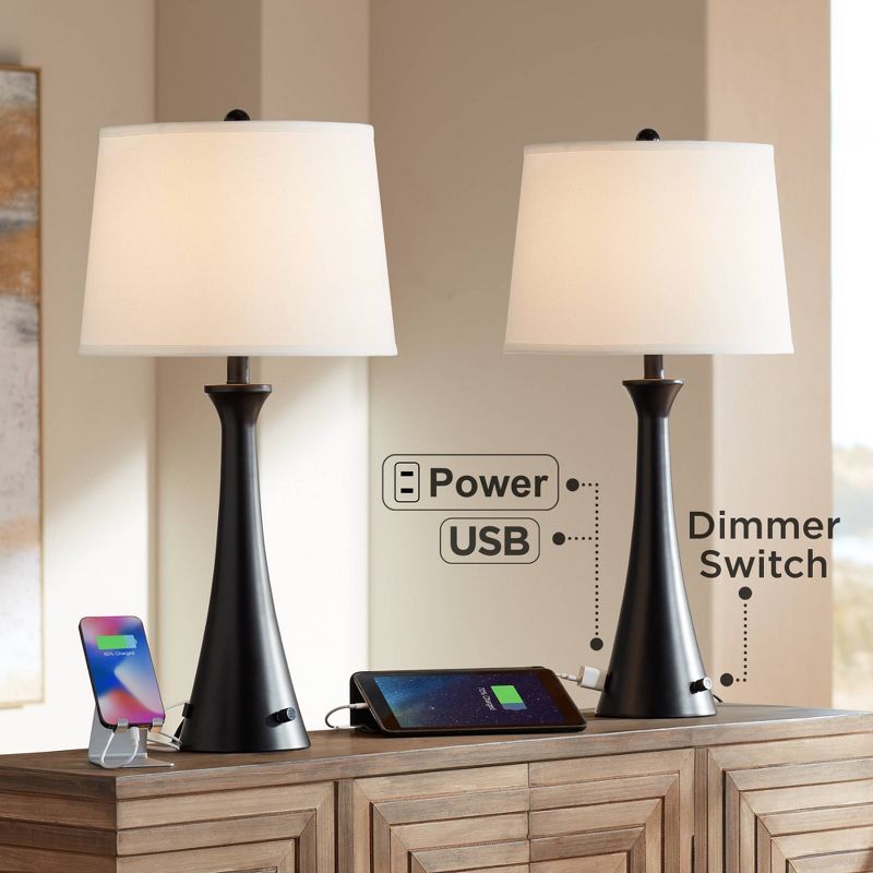 360 Lighting Karl Modern Table Lamps 28 1/4" Tall Set of 2 Black Metal with USB and AC Power Outlet in Base White Drum Shade for Bedroom Living Room, 2 of 10