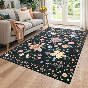 Rug Boho Floral Rugs, Large Area Rug Machine Washable Rugs Ultra-Thin Flower Carpet Non Slip Low Pile Carpet Rug - 1 of 4
