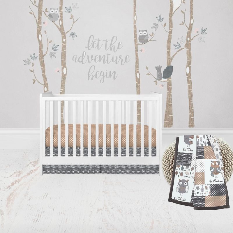 Bacati - Owls in the Woods Beige/Gray 3 pc Crib Bedding Set, 1 of 7