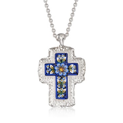 Ross-Simons Italian Murano Glass Mosaic Floral Cross Pendant Necklace in Sterling Silver