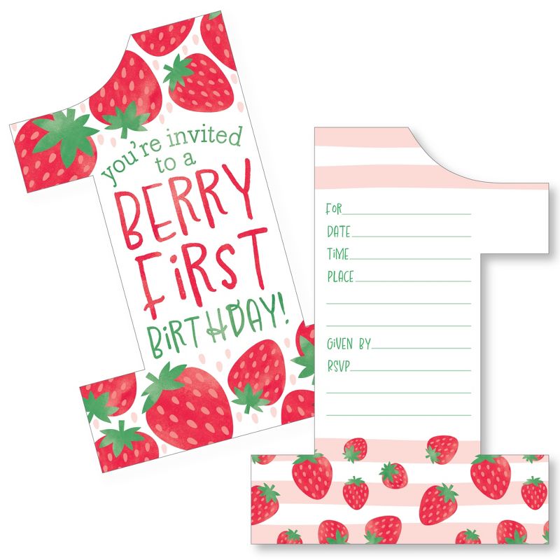 Big Dot of Happiness Berry First Birthday Sweet Strawberry Shaped Fill-In Invitations - Fruit 1st Birthday Party Invitation Cards with Envelopes 12 Ct, 1 of 8