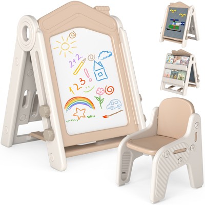 SUGIFT 3-in-1 Kids Easel with Chair, Height  Adjustable Magnetic Board, Block Table and Bookshelf