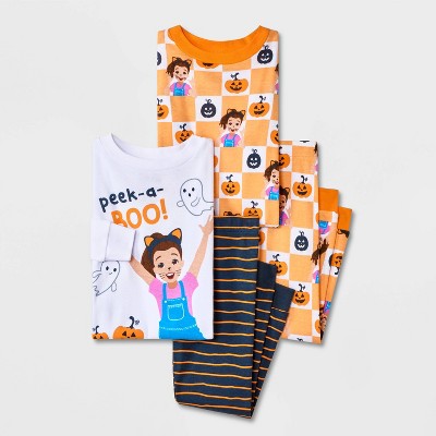Toddler 4pc Ms. Rachel Cotton Long Sleeve Halloween Pajama Set - Orange/White/Black