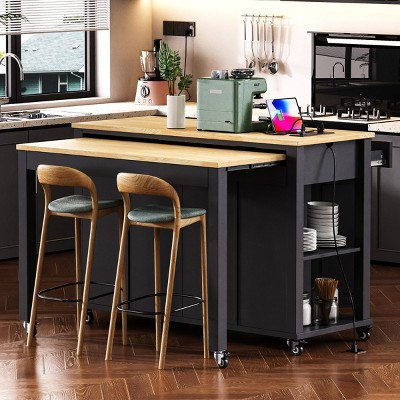 Coolbibila-47''Kitchen Island With Extendable Dining Table, Rubber Wood Veneer Kitchen Table With Internal Storage Rack, Kitchen Island