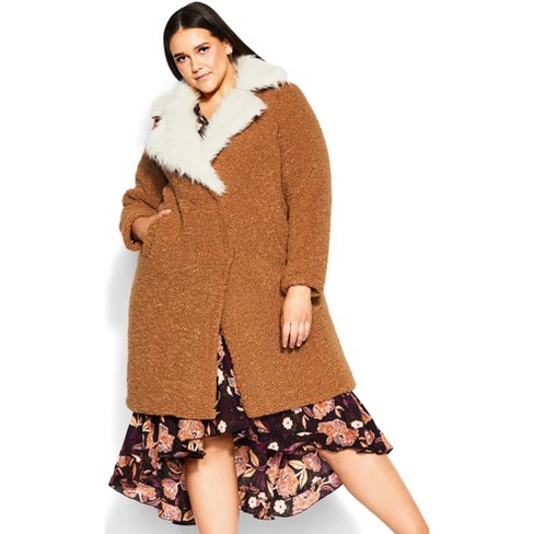 Women's Plus Size Teddy Faux Fur Jacket - Tan