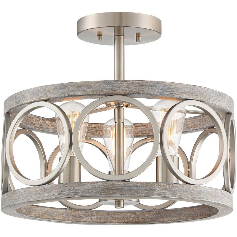 Franklin Iron Works Salima Rustic Farmhouse Ceiling Light Semi Flush Mount 16" Wide Brushed Nickel Gray Wood 3-Light LED for Bedroom Living Room House, 5 of 10
