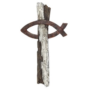 Dicksons Rustic Fish Cross Bar Brown 8 x 14 Resin Hanging Wall Cross - 1 of 2