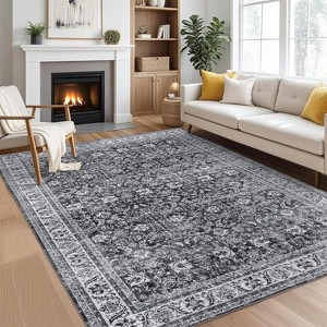 Washable Area Rugs Soft Vintage Floral Large Rug Foldable Low Pile Indoor Floor Carpet Farmhouse Non-Slip Throw Rugs Dining Room Charcoal - 1 of 4