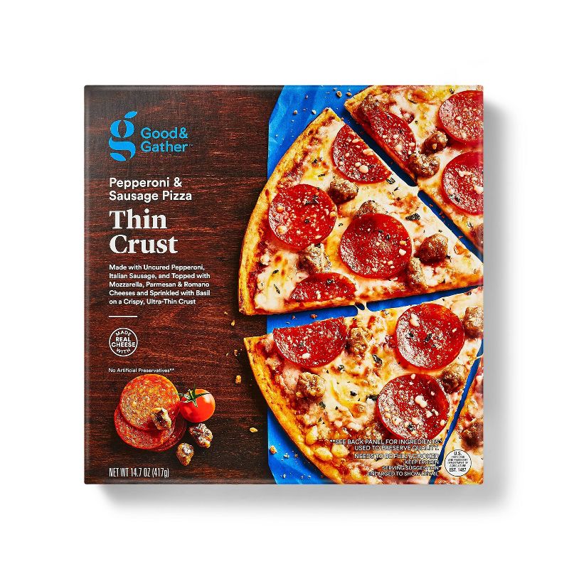 Thin Crust Uncured Pepperoni and Sausage  Frozen Pizza - 14.7oz - Good &#38; Gather&#8482;, 1 of 5