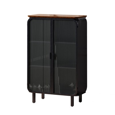 Modern Two-Door Cabinet with Glass Doors Featuring Three-Tier Storage 28.35" Unique Fir Cabinet Top for Entryway Home Black