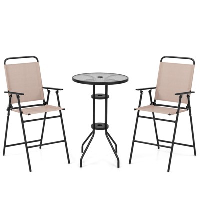 Tangkula 3PCS Bistro Set Folding Chairs Round Bar Table w/ 1.6" Umbrella Hole Yard Patio