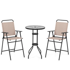 Tangkula 3PCS Bistro Set Folding Chairs Round Bar Table w/ 1.6" Umbrella Hole Yard Patio - 1 of 4