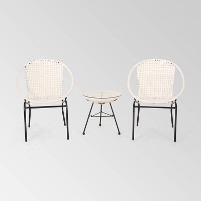 Java 3pc Faux Rattan Modern Chat Set: White, Weather-Resistant, 2 Arm Chairs & Accent Table - Christopher Knight Home