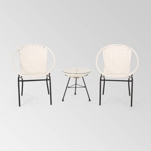 Java 3pc Faux Rattan Modern Chat Set: White, Weather-Resistant, 2 Arm Chairs & Accent Table - Christopher Knight Home - 1 of 4