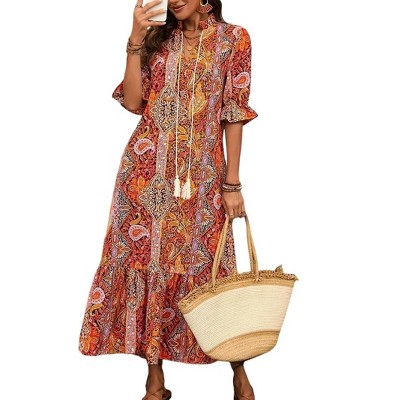 Women's Bohemian Print Dress Half Sleeve Flowy Casual Maxi Summer Dress