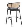 Indoor Metal Upholstered Barstool, Faux Leather Seat With Wowen Rattan Decorated Backrest, Set of 2 - 4 of 4