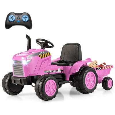 Costway 2-in-1 Electric Toy Car 12V Kids Ride On Tractor w/Trailer Remote Control Lights Grayish Gree/Red/Pink/Green